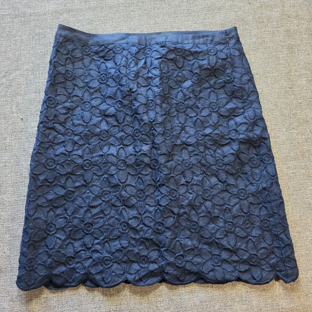 TALBOTS Women's Linen A-Line Skirt Embroidered Floral‎ Navy Blue Size 12